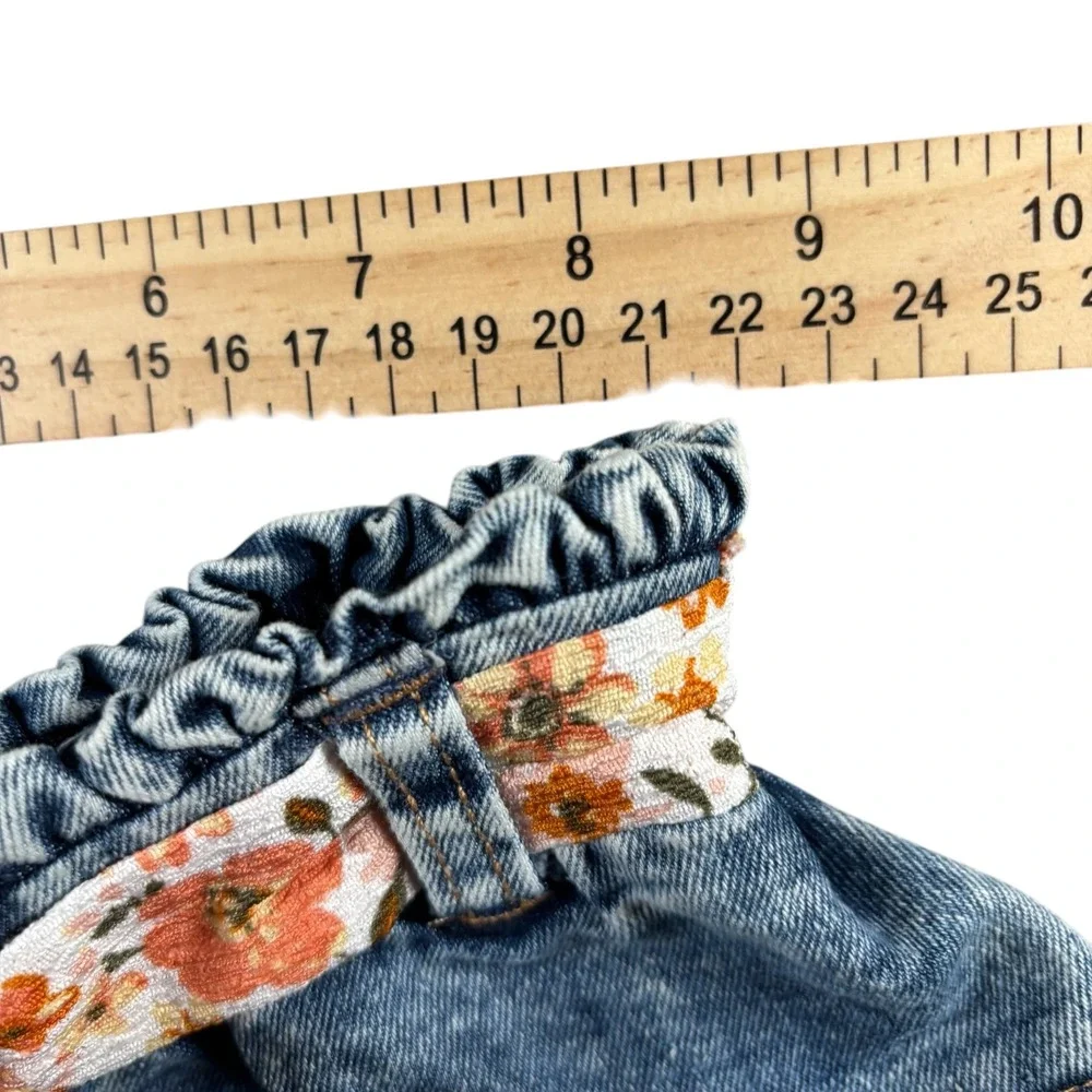 VTG Little Lass Baby Blue Acid‎ Wash Denim Skirt Floral Bow 12M Cottagecore Boho
